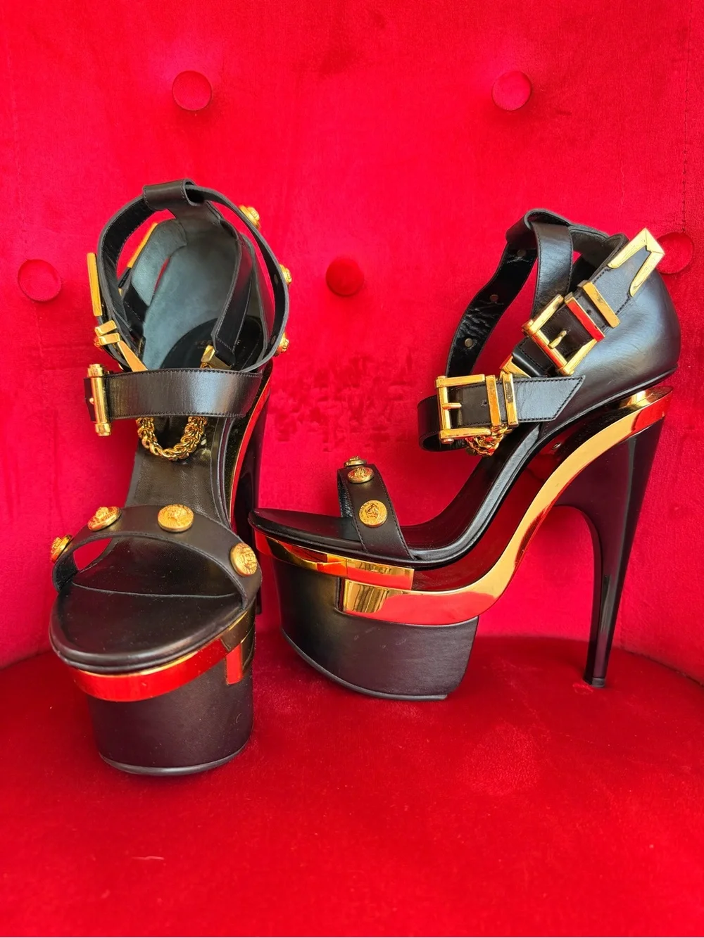 Versace Black and Gold Leather Triple Platform Medusa size 7.5/8 US